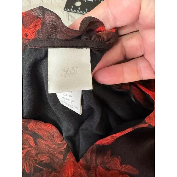 H&M Size 10 Floral Print Tiered‎ Mini Dress Long Sleeve Sheer Red Black Swing - Picture 5 of 11